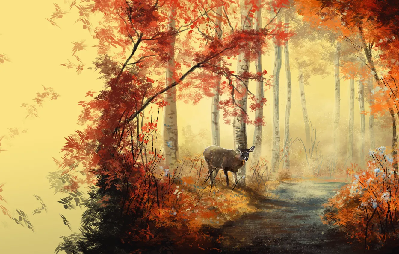 Photo wallpaper autumn, forest, leaves, trees, animal, art, track, painting
