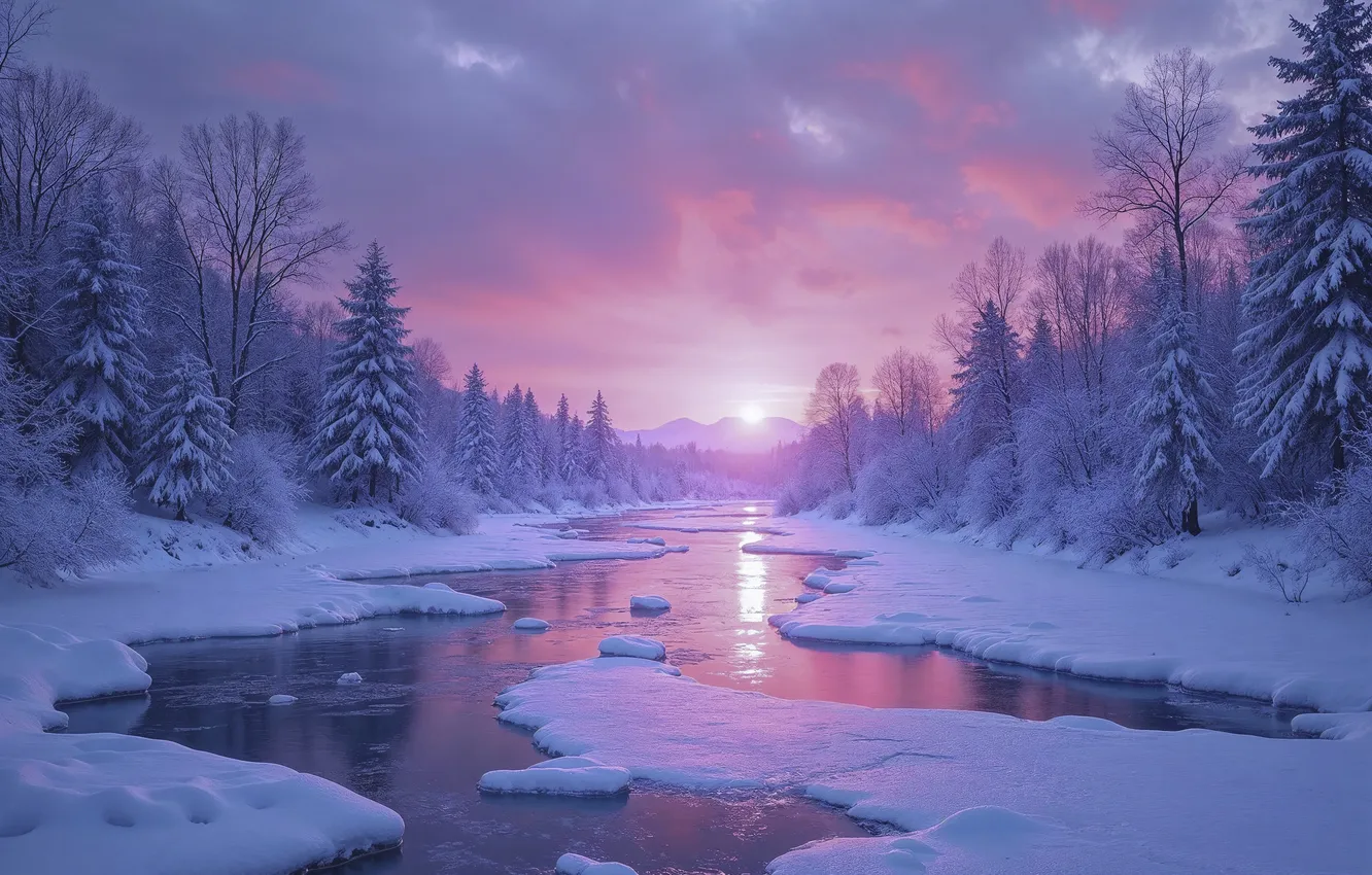 Photo wallpaper winter, forest, snow, river, tree, forest, nature, winter