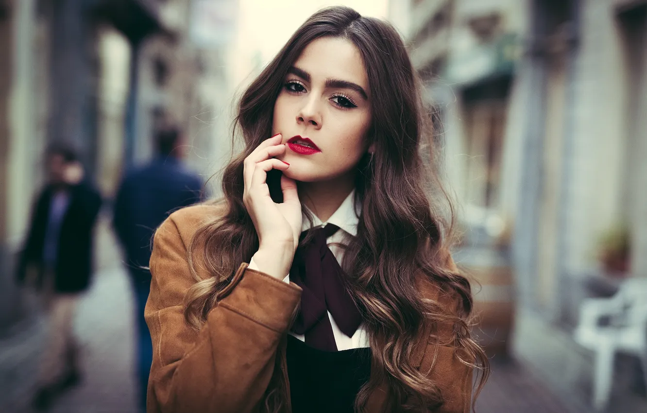 Photo wallpaper look, girl, background, street, hair, lipstick