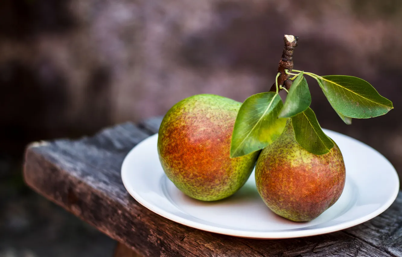 Photo wallpaper leaves, bench, plate, shop, shop, wooden, fruit, pear