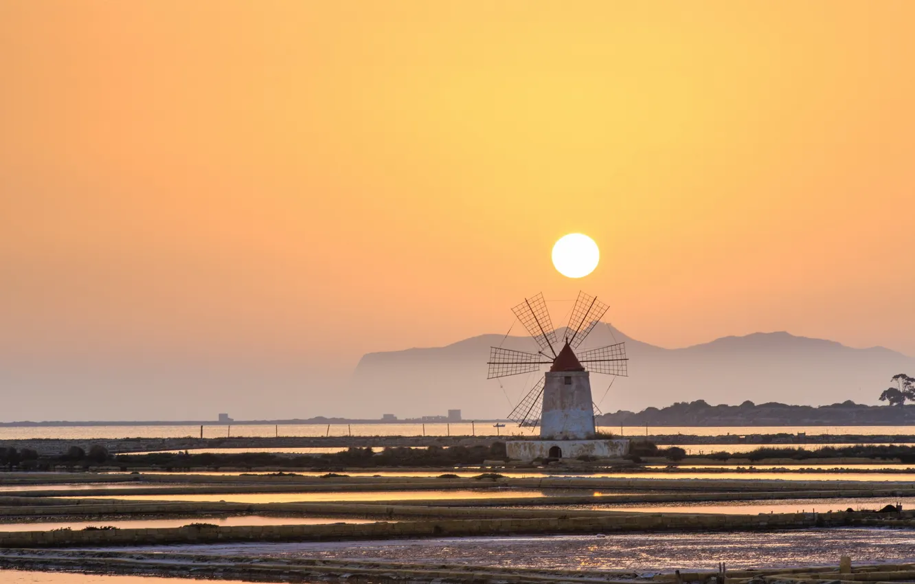 Photo wallpaper sunset, mill, Italy, Sicily, San Leonardo