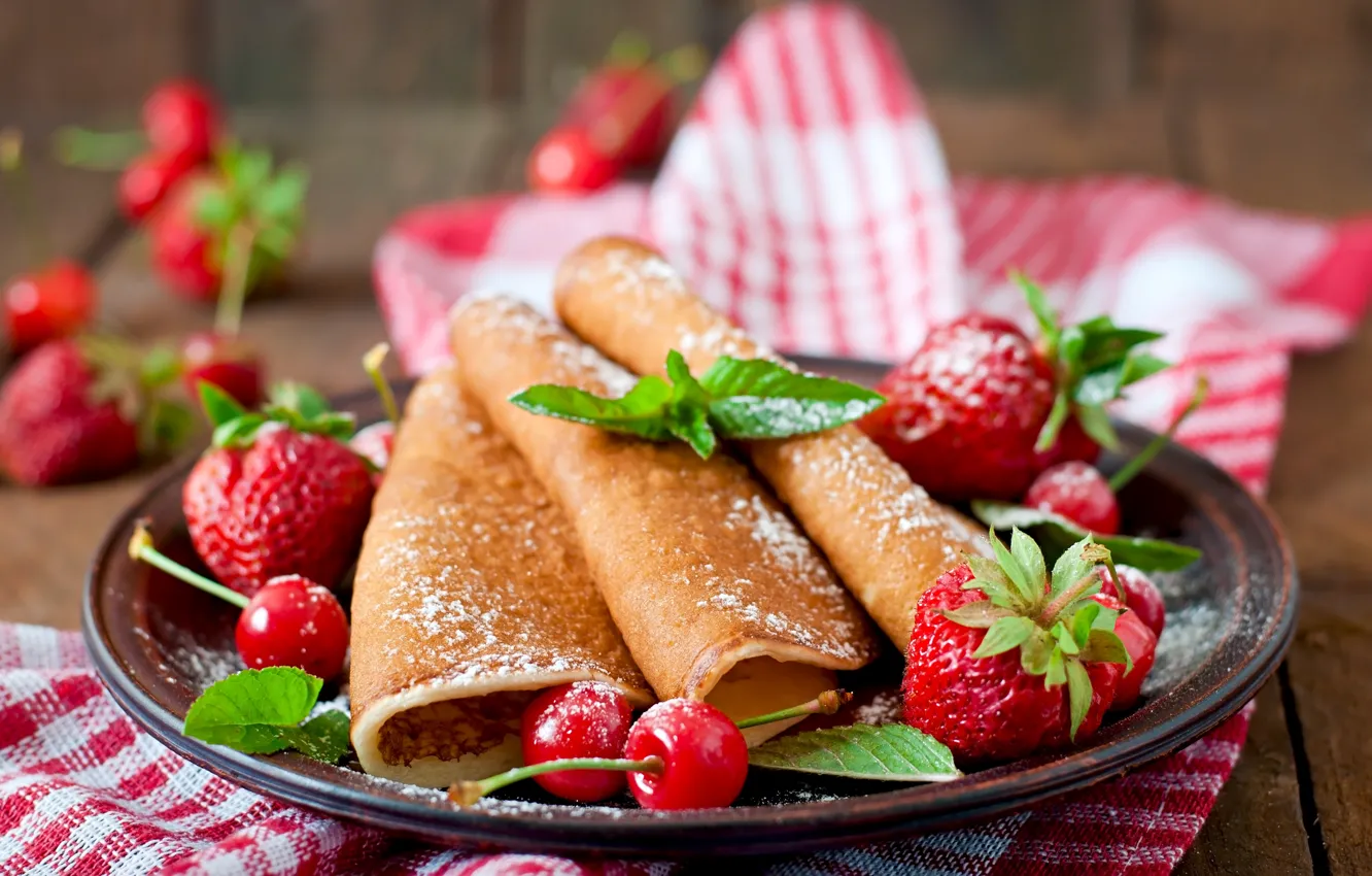 Photo wallpaper cherry, berries, table, towel, strawberry, plate, pancakes, mint