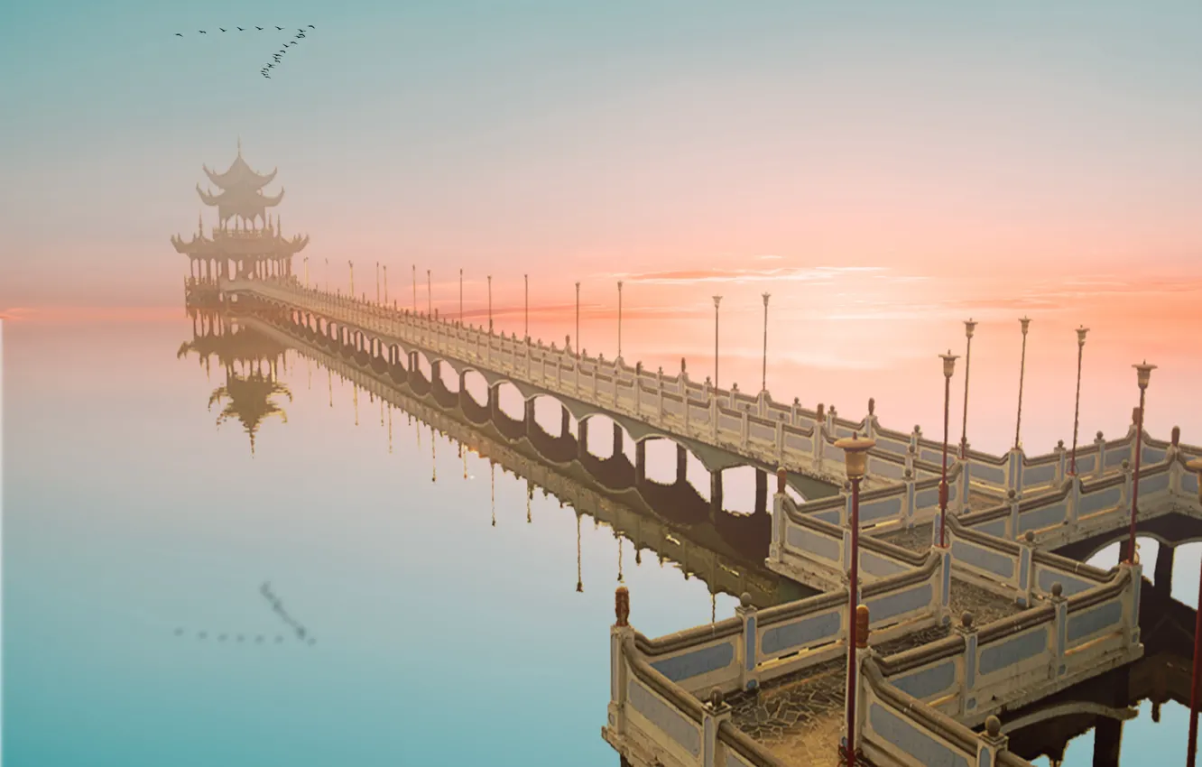 Photo wallpaper China, sunset, bay