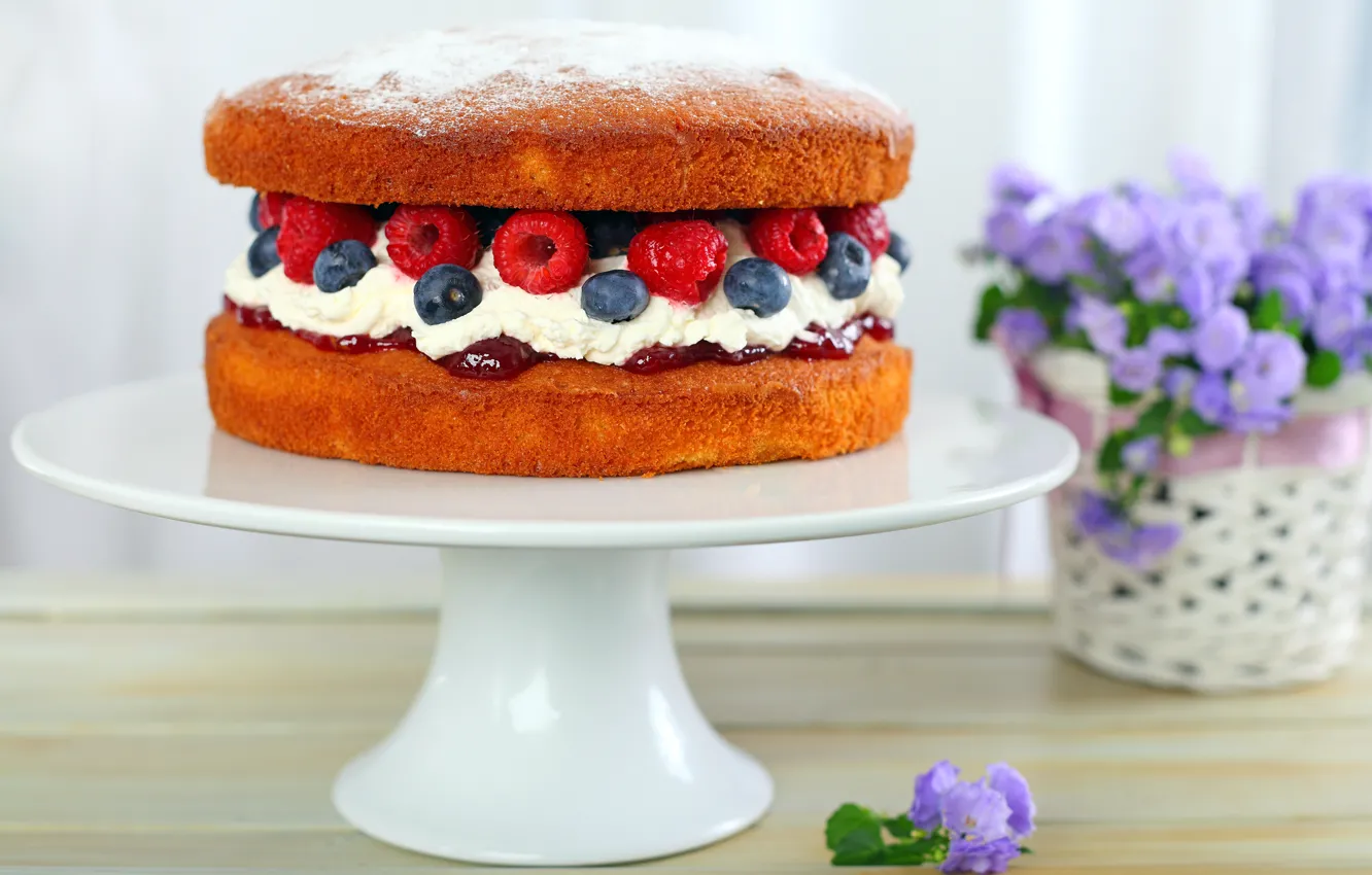 Photo wallpaper flowers, raspberry, food, blueberries, cake, cake, cake, cream