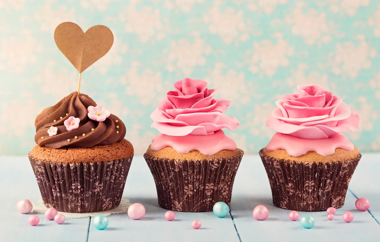 Photo wallpaper sweets, three, heart, Valentine's day, cream, cakes, cupcakes, roses