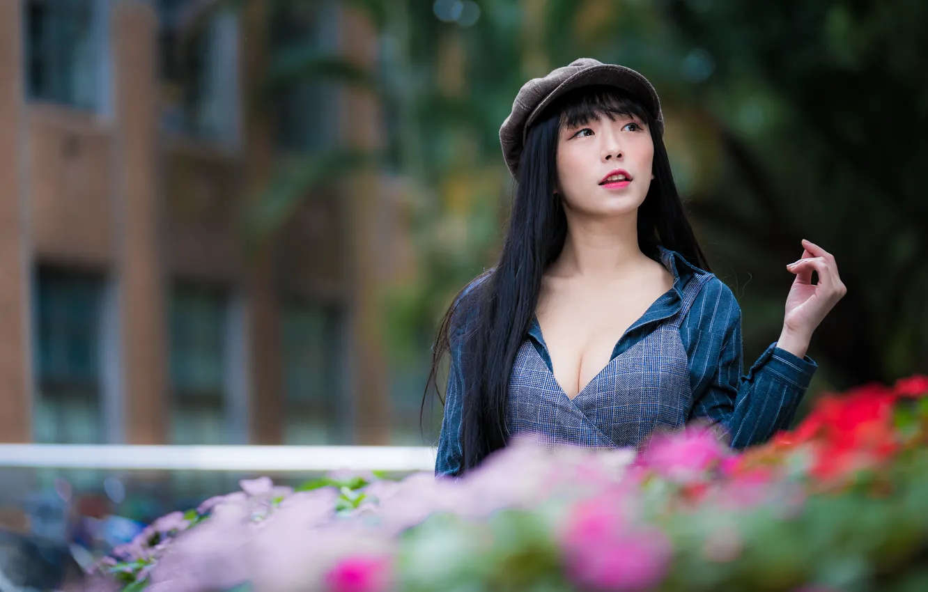 Photo wallpaper girl, hair, cap, Asian, bokeh
