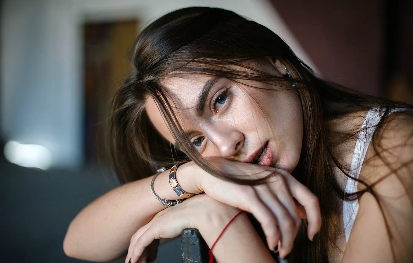 Photo wallpaper look, girl, portrait, makeup, hairstyle, brown hair, posing, bokeh