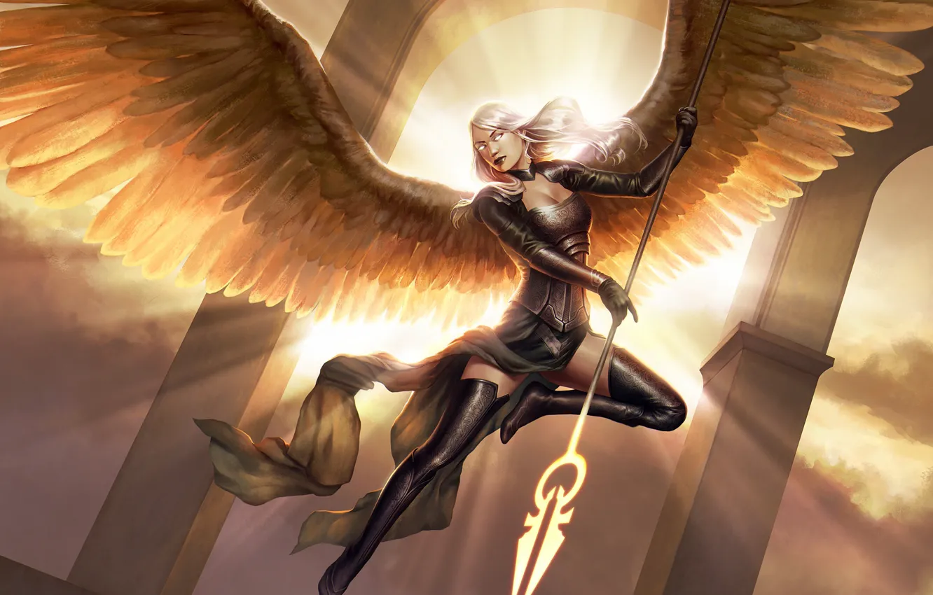 Photo wallpaper girl, light, flight, pose, weapons, wings, angel, fantasy