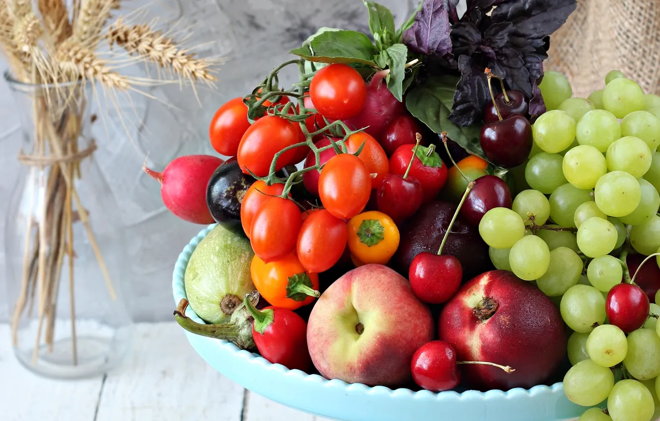Photo wallpaper grapes, eggplant, pepper, fruit, vegetables, tomatoes, cherry, nectarine