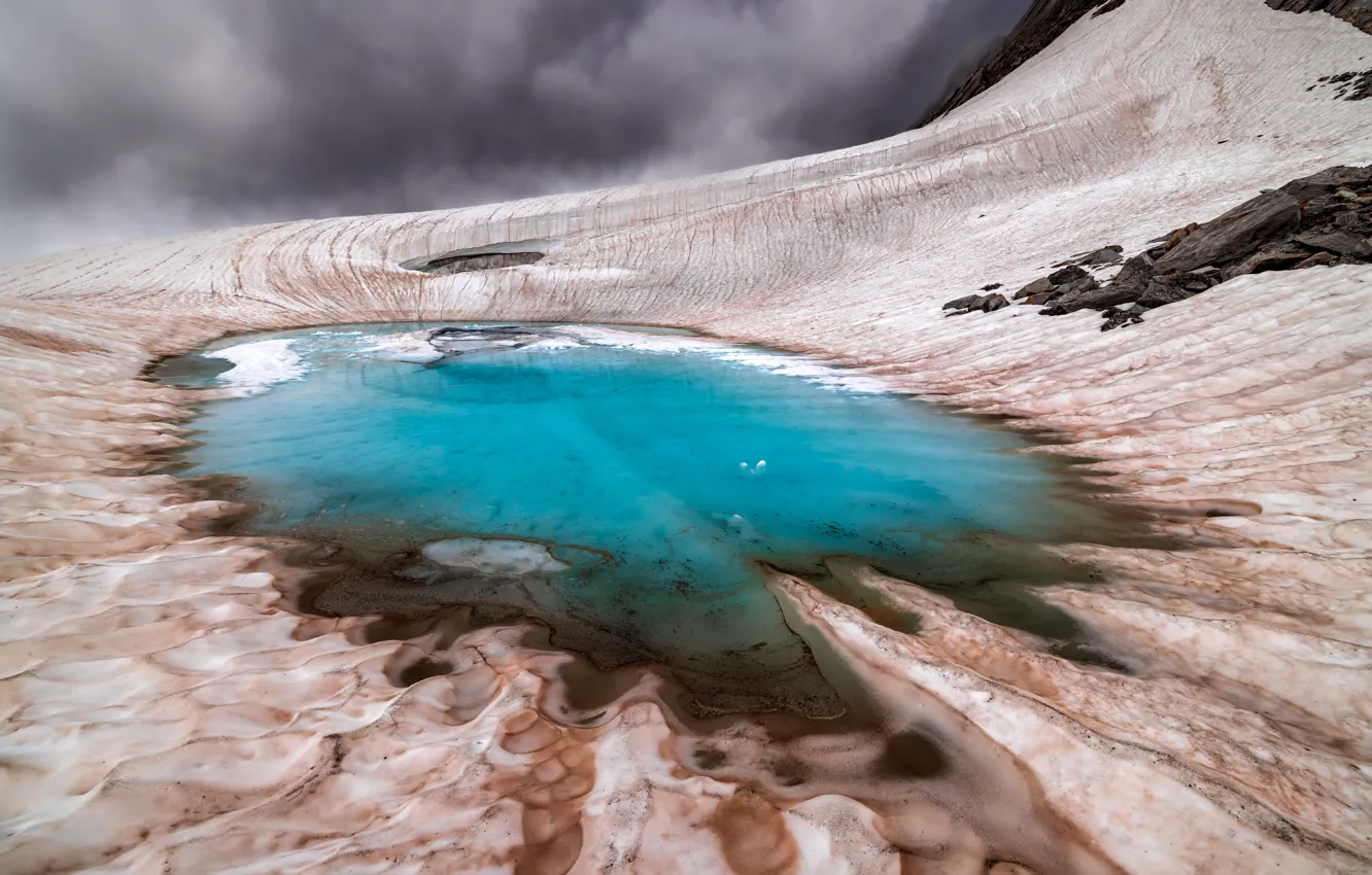 Photo wallpaper mountains, clouds, lake, stones, shore, blue water