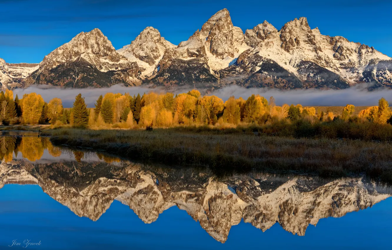 Photo wallpaper autumn, forest, the sky, water, the sun, trees, mountains, reflection