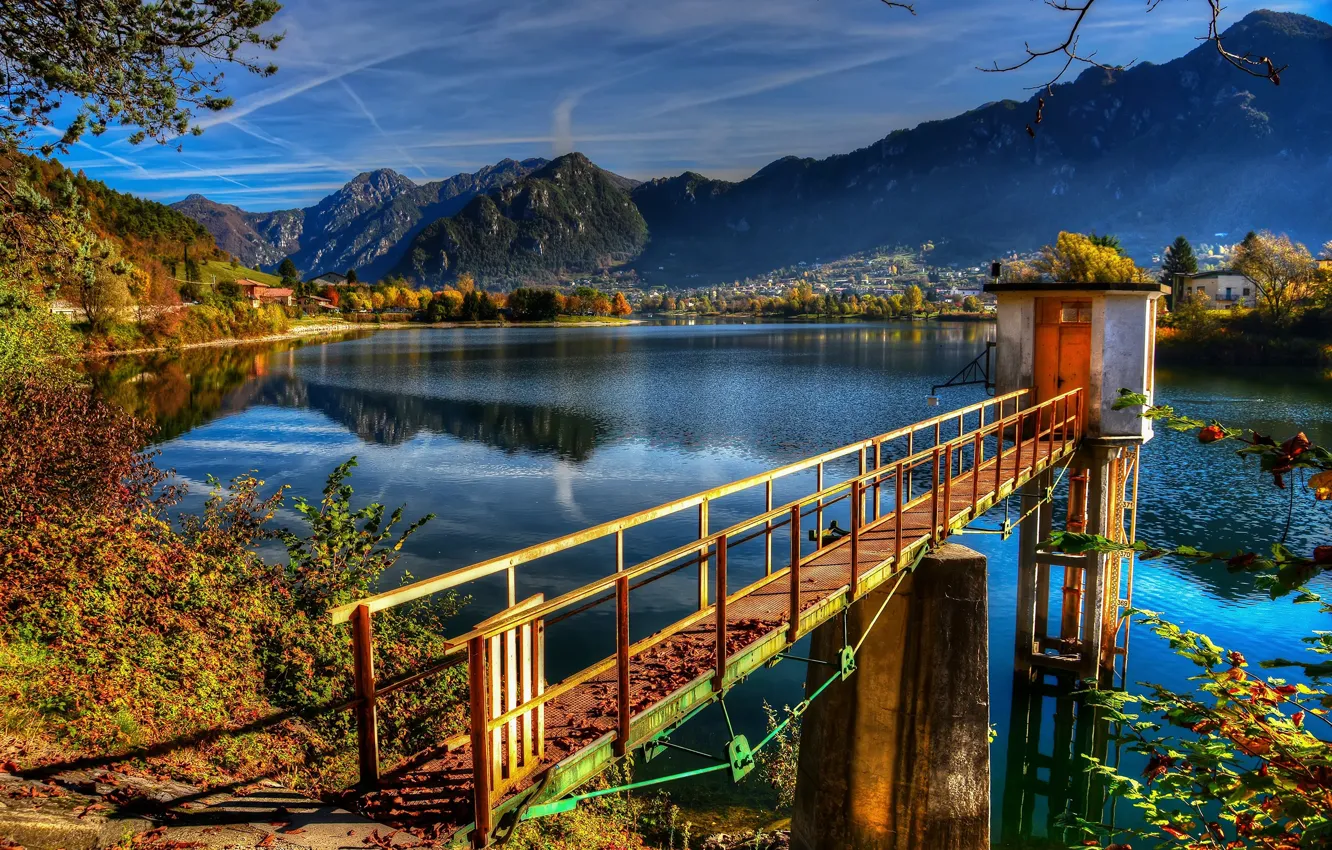Photo wallpaper autumn, the sky, mountains, bridge, nature, lake, Italy, Italy