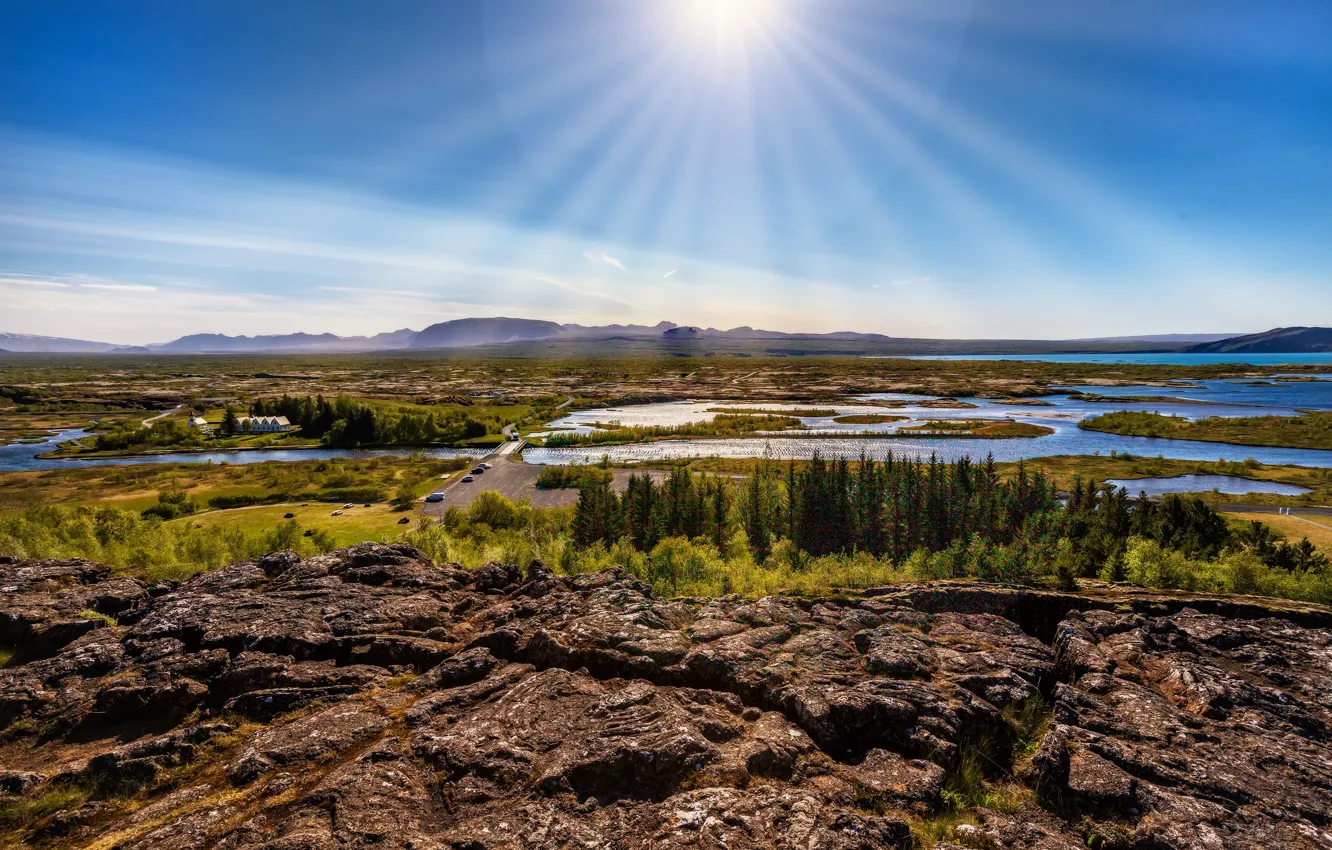 Photo wallpaper the sun, rays, landscape, mountains, nature, stones, valley, Iceland