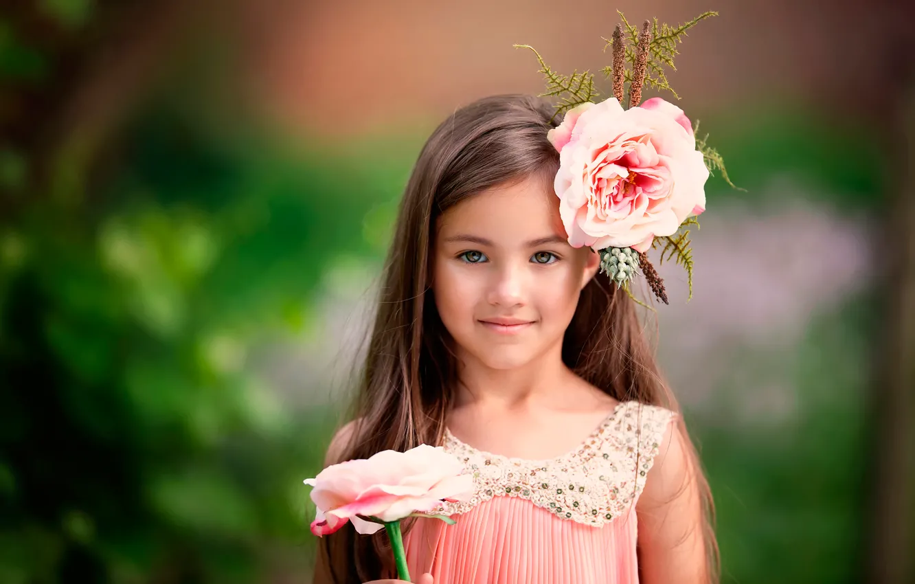 Photo wallpaper flowers, smile, girl, beautiful eyes, child photography, Little Flower