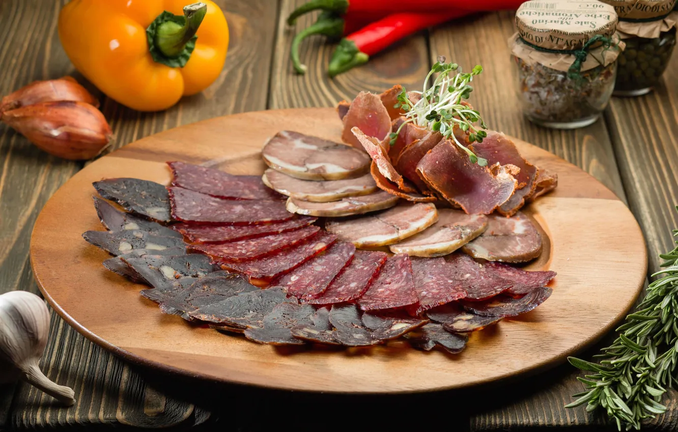 Photo wallpaper meat, pepper, sausage, cutting, basturma