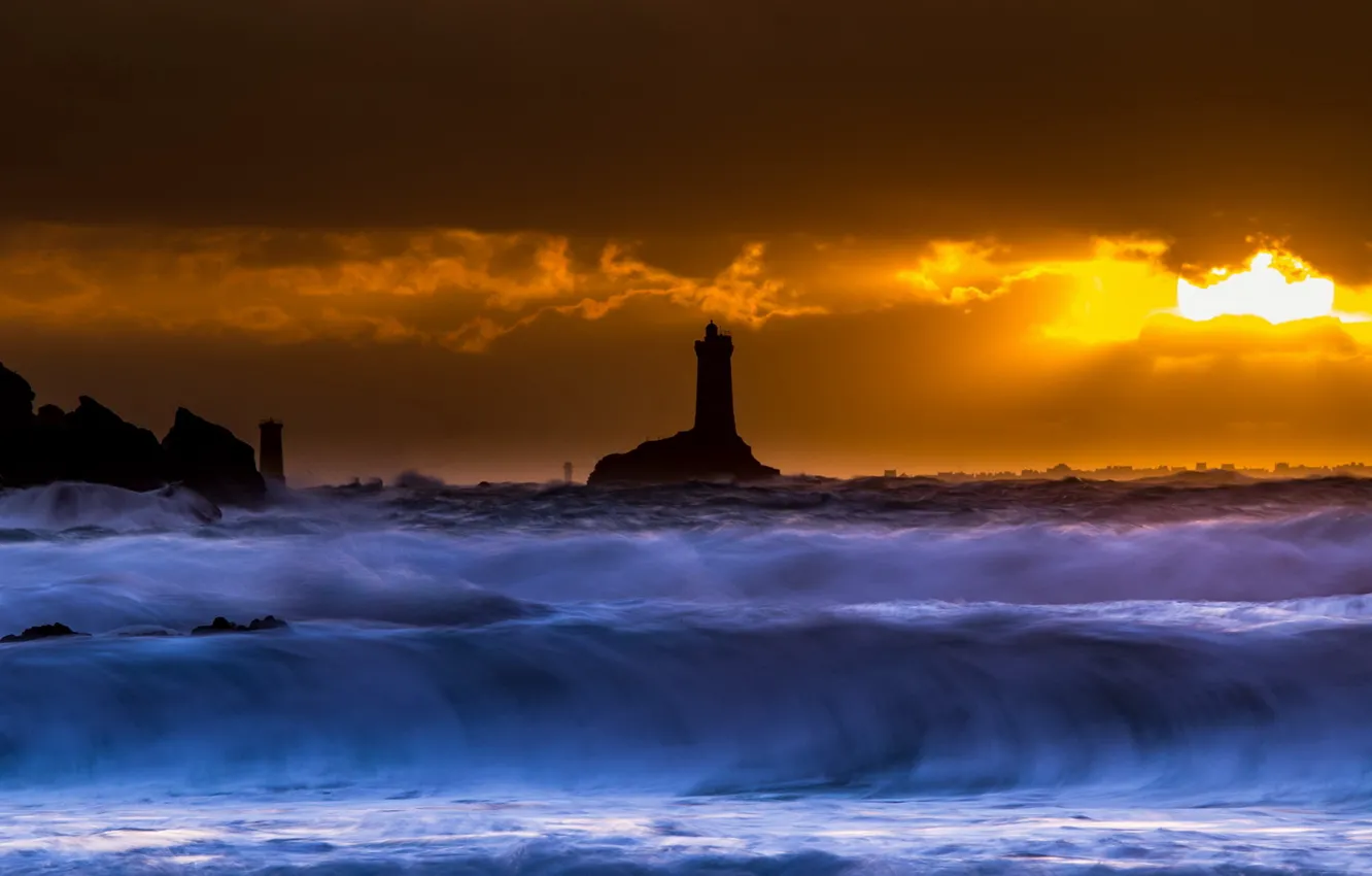 Photo wallpaper sea, night, wave, lighthouse