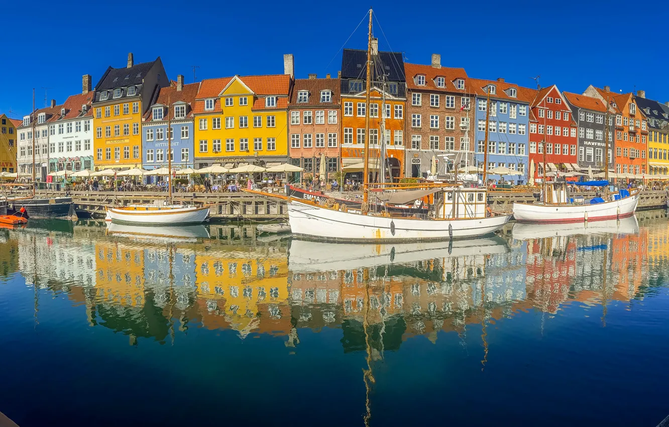 Photo wallpaper reflection, building, home, pier, Denmark, panorama, channel, promenade