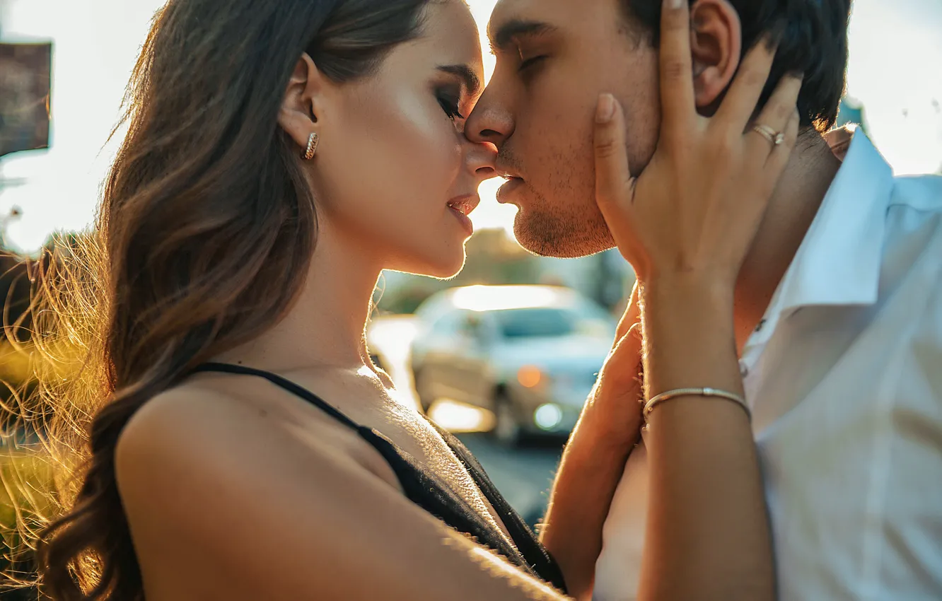 Photo wallpaper girl, love, kiss, pair, guy