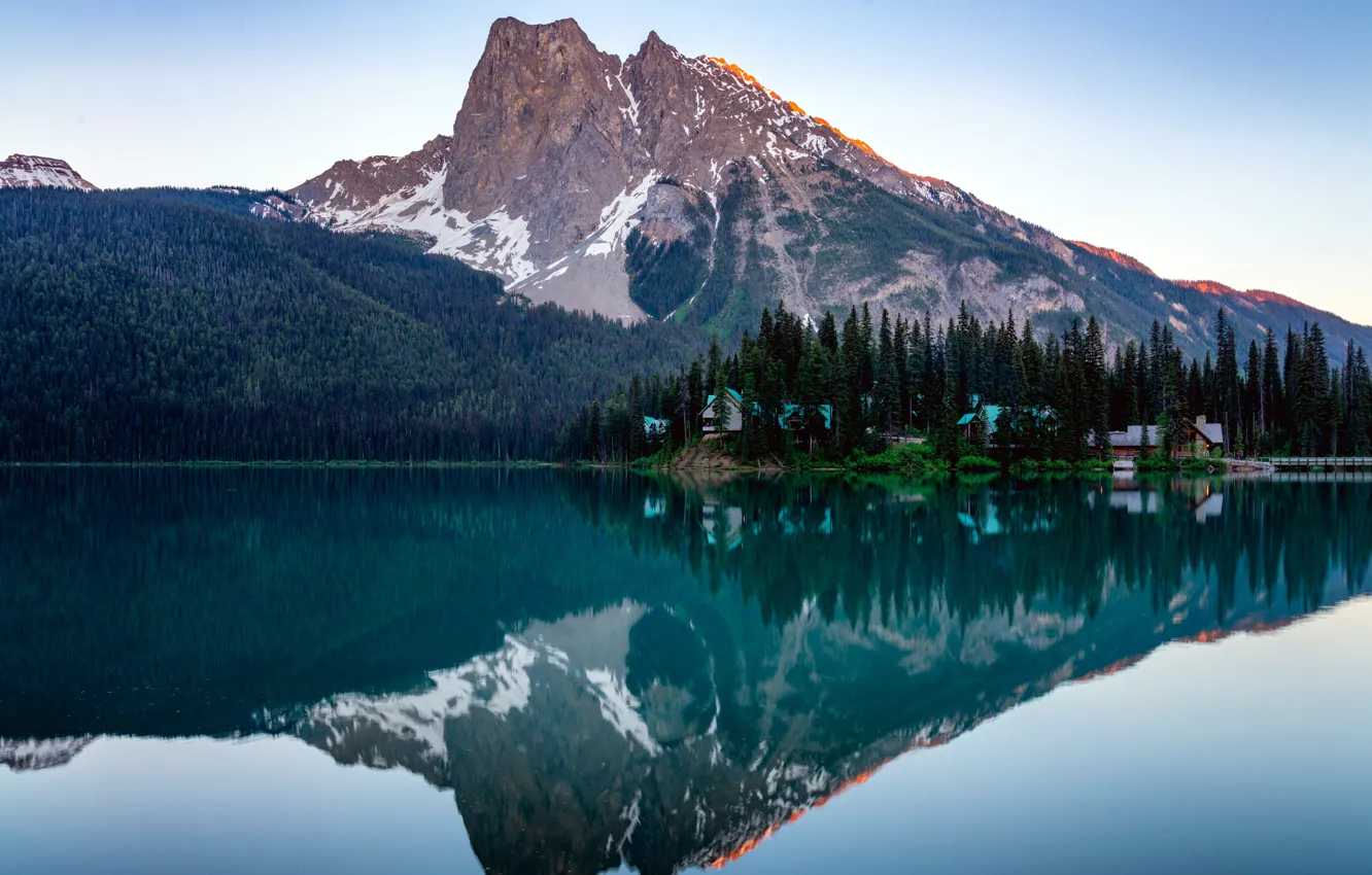 Photo wallpaper snow, mountains, lake, reflection, beauty, Canada, Canada, British Columbia