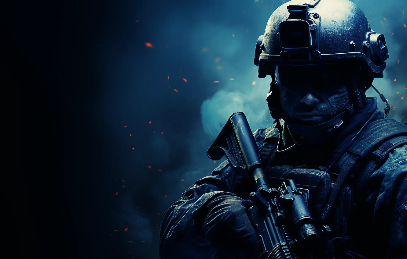 Photo wallpaper gun, soldier, blue background, digital art, Minimalism, pearls, uniform, simple background