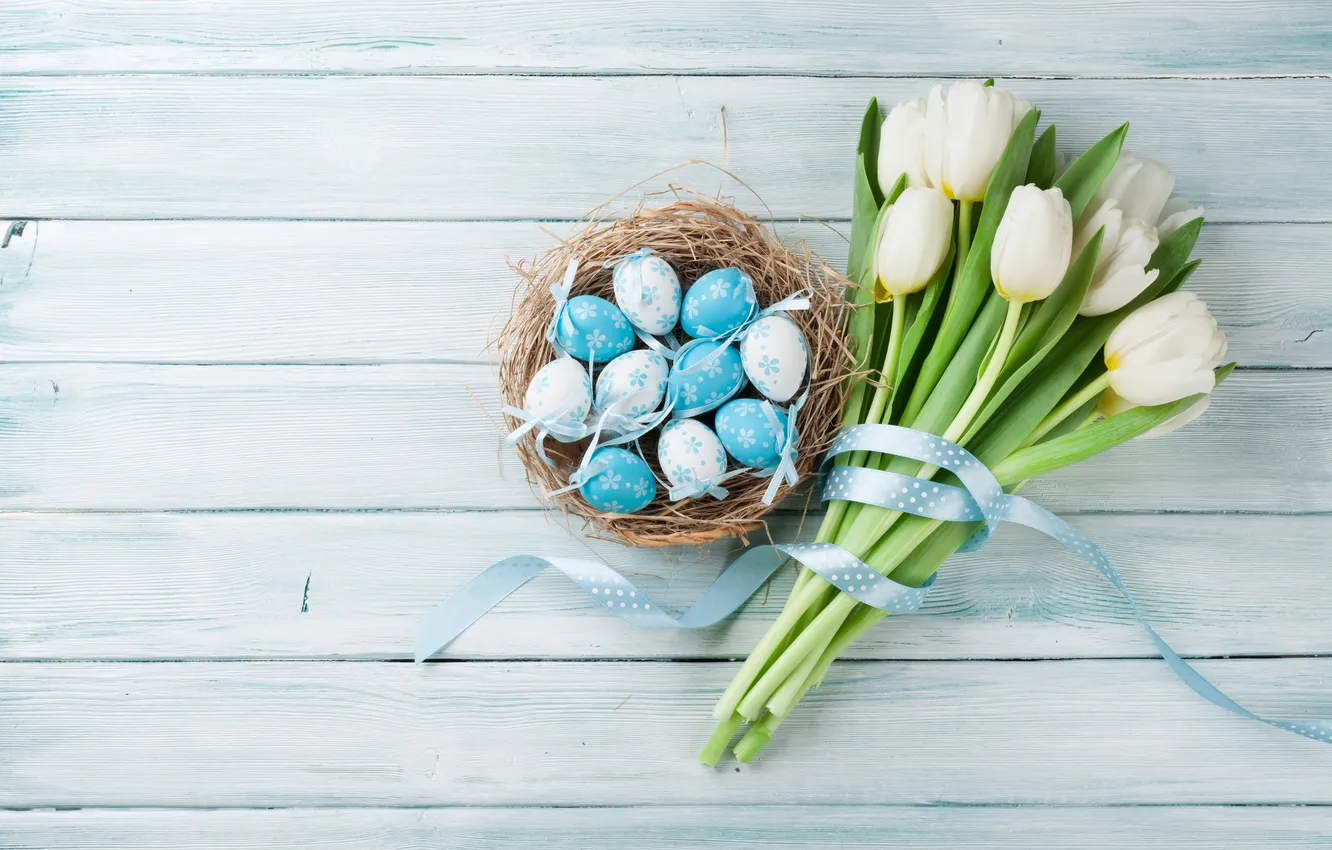 Photo wallpaper flowers, eggs, spring, Easter, white, wood, blue, flowers