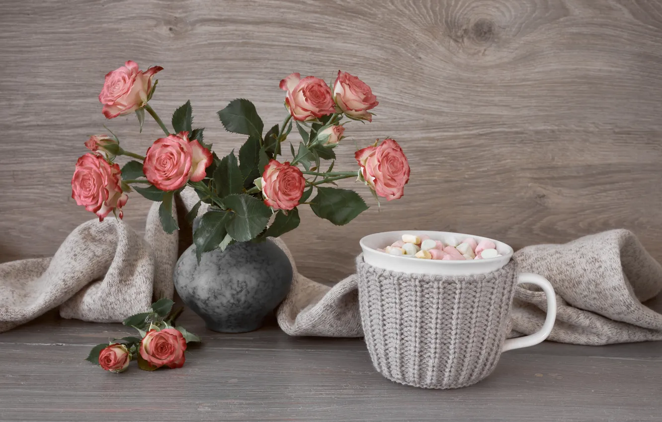 Photo wallpaper roses, bouquet, Cup, vase, still life, hot chocolate, Anya Ivanova