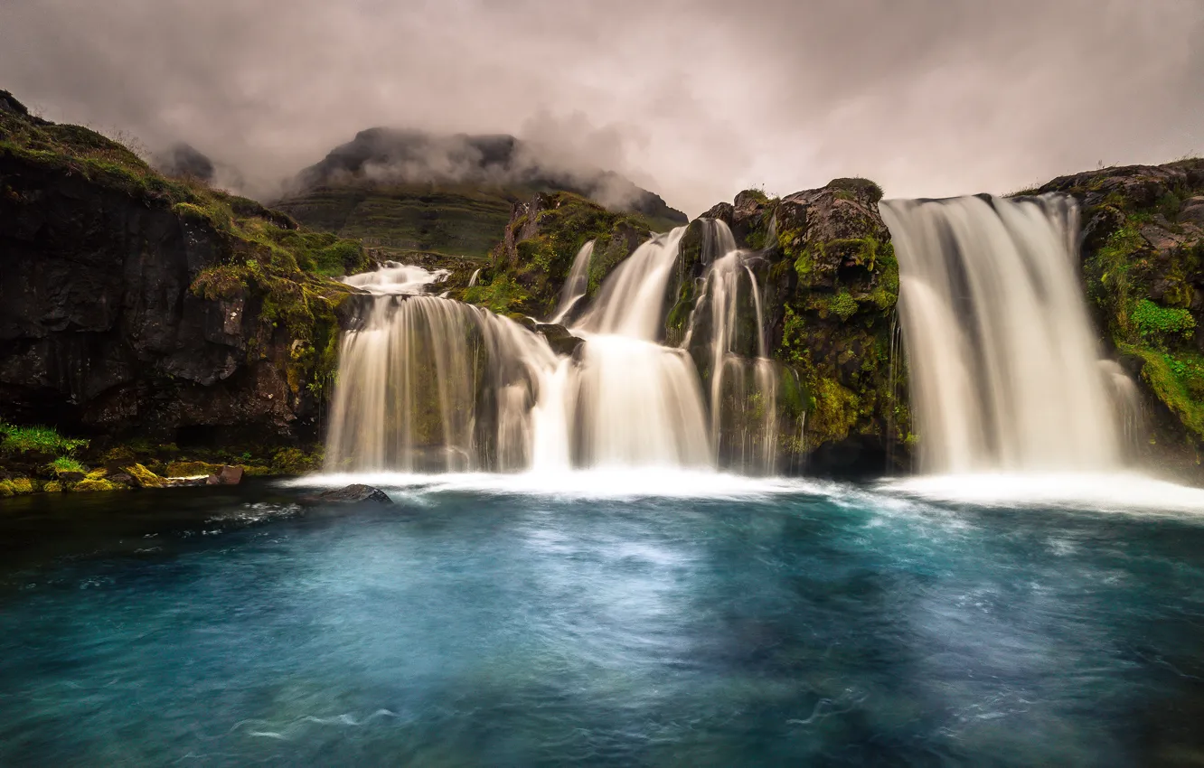 Photo wallpaper fog, stones, rocks, waterfall, pair, cascade, pond