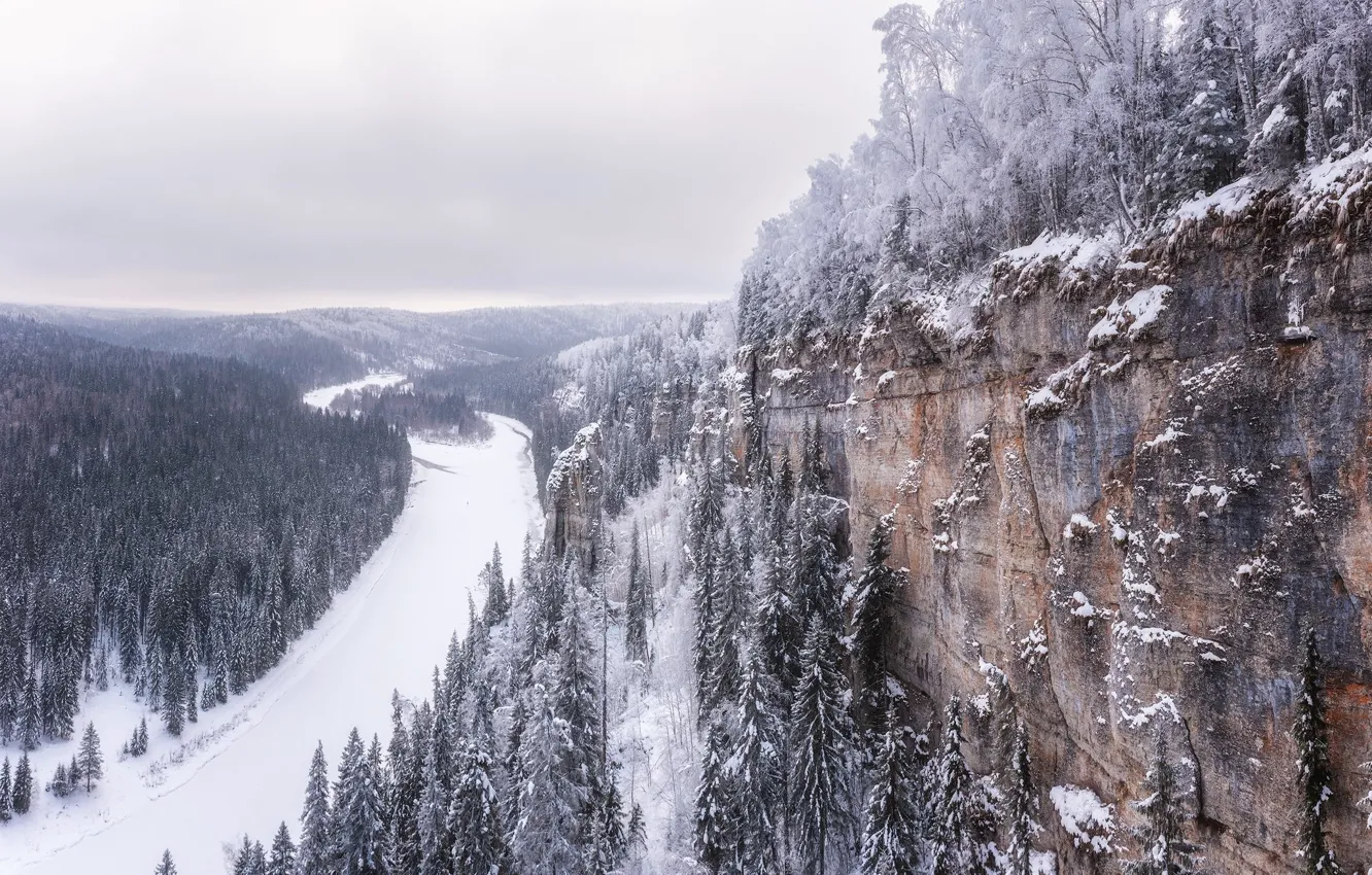 Photo wallpaper winter, frost, forest, the sky, snow, mountains, river, open