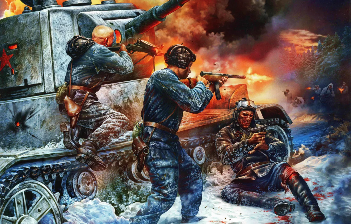 Photo wallpaper Winter, Snow, Soldiers, USSR, Art, Shot, The Germans, Shootout