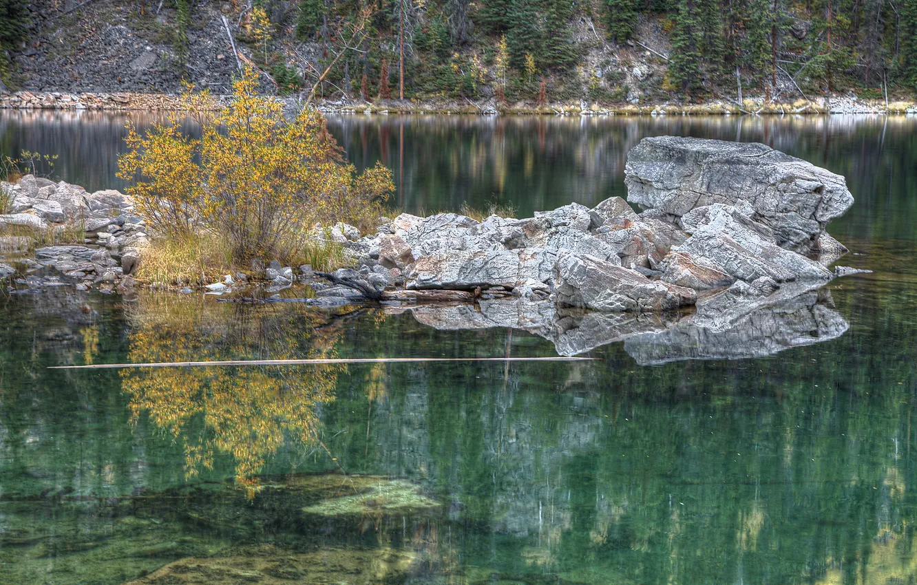 Photo wallpaper autumn, trees, lake, stones, the bushes