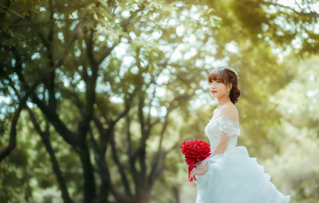 Photo wallpaper girl, bouquet, the bride