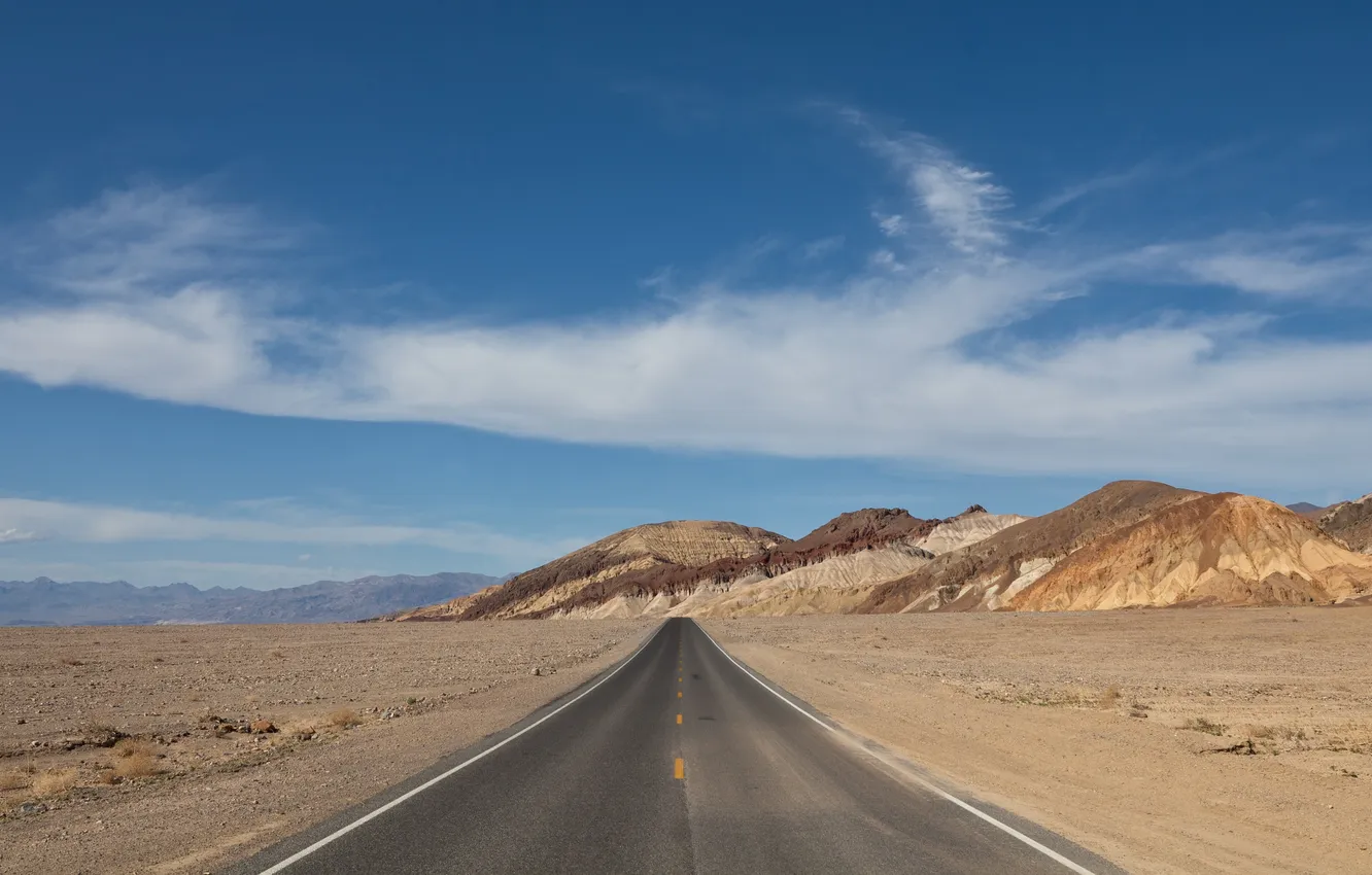 Photo wallpaper road, the sky, mountains, background, mood, hills, Wallpaper, desert