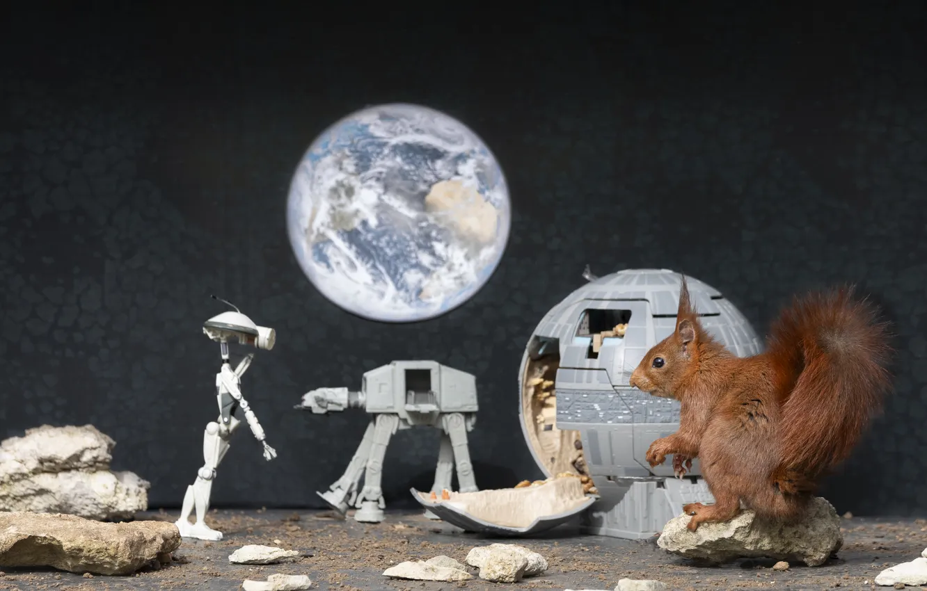 Photo wallpaper space, the dark background, earth, the moon, planet, robot, astronaut, protein