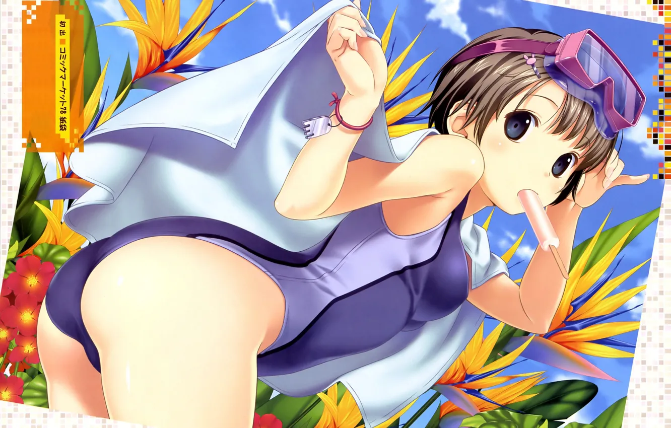 Photo wallpaper joy, towel, glasses, girl, keychain, vacation, in swimsuit, blue sky