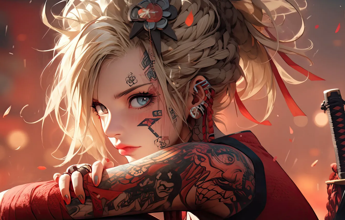 Photo wallpaper look, girl, decoration, tape, beauty, katana, tattoo, Tokyo