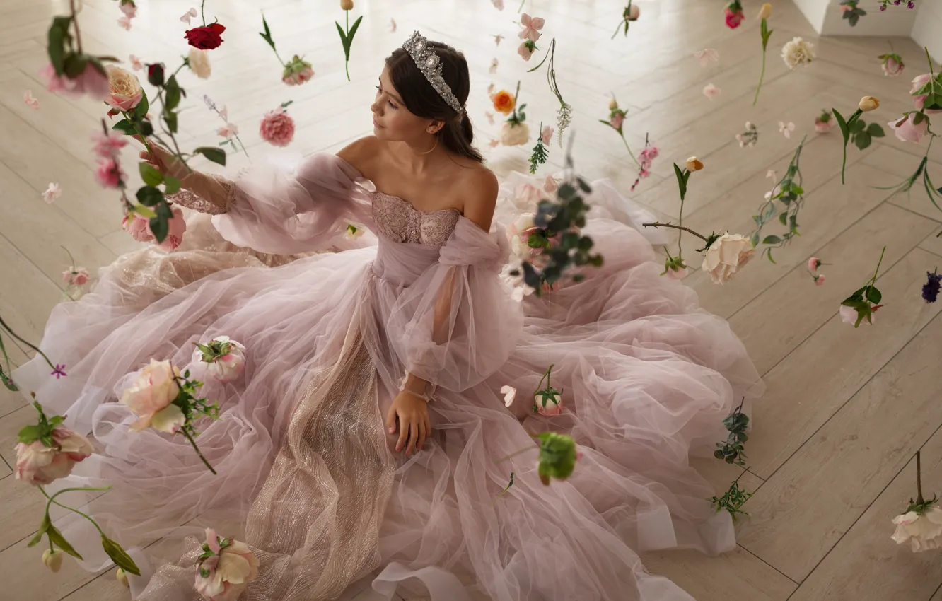 Photo wallpaper girl, light, flowers, room, roses, hands, dress, girl