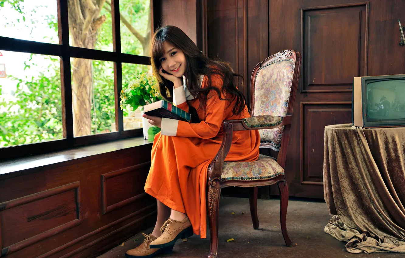 Photo wallpaper girl, smile, dress, chair, Asian, sitting