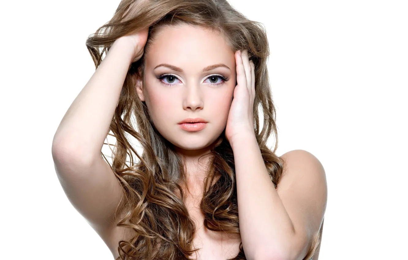 Photo wallpaper girl, white background, brown hair