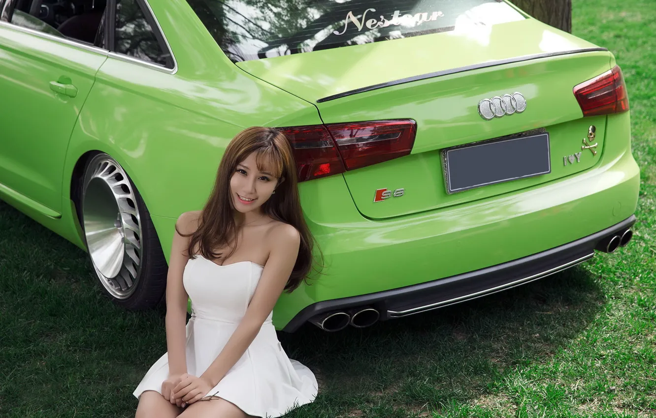 Photo wallpaper look, girl, smile, Audi, Asian, beautiful girl, green car