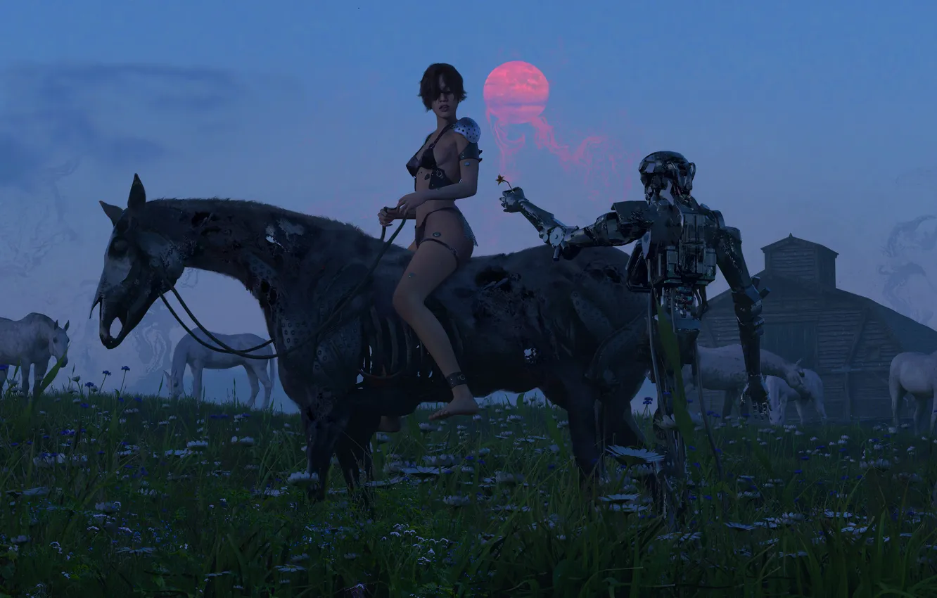 Photo wallpaper woman, horses, future art, Digital 3D, robot and girl, shuo SHI, Shadow of the Sun …