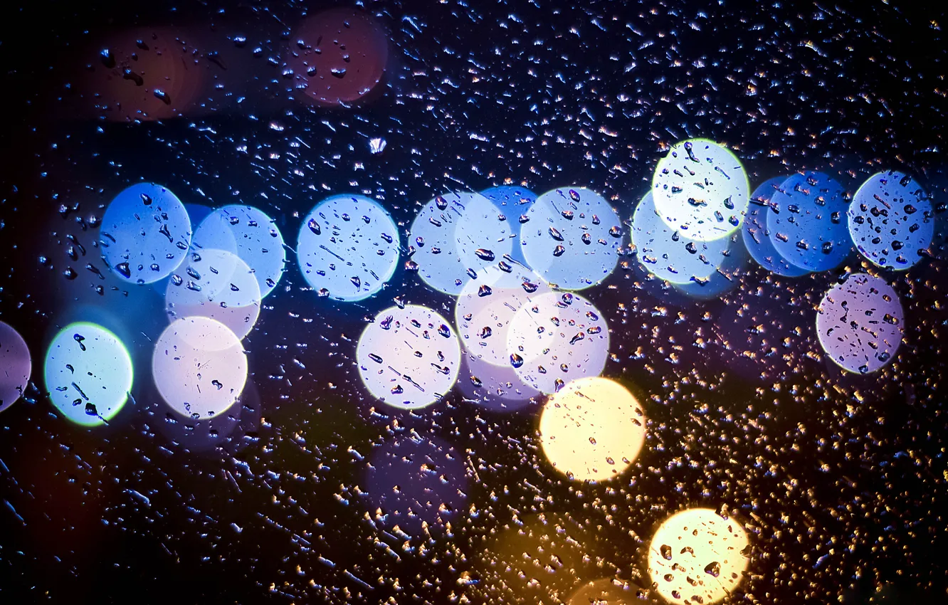 Photo wallpaper drops, night, rain, lights