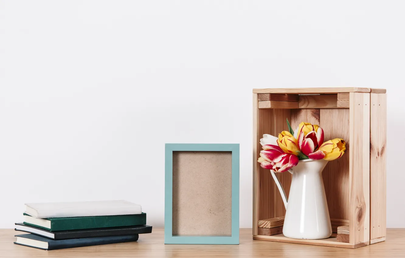 Photo wallpaper flowers, photo, bouquet, frame, colorful, tulips, vase, flowers