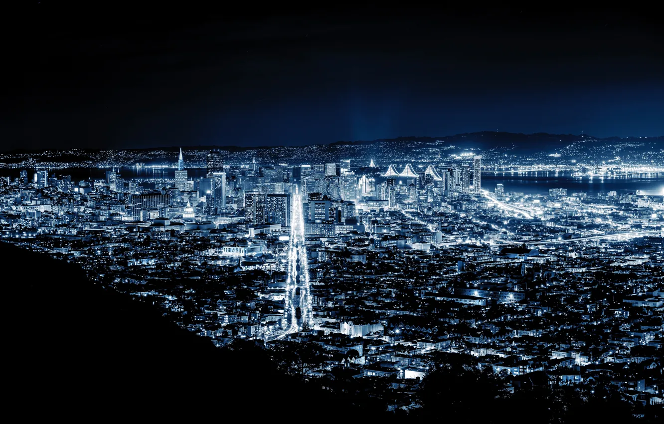 Photo wallpaper light, the city, darkness, hills, street, building, tower, home