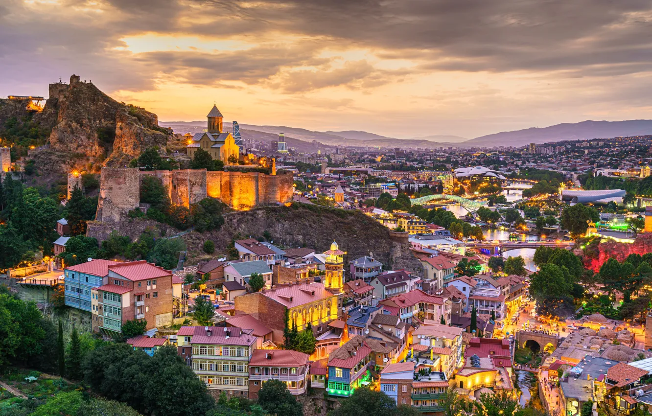 Photo wallpaper mountains, lights, the evening, Georgia, Tbilisi, Old Tbilisi
