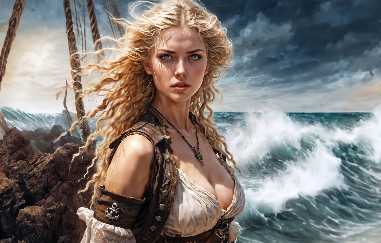 Photo wallpaper sea, wave, chest, the sky, look, girl, light, clouds