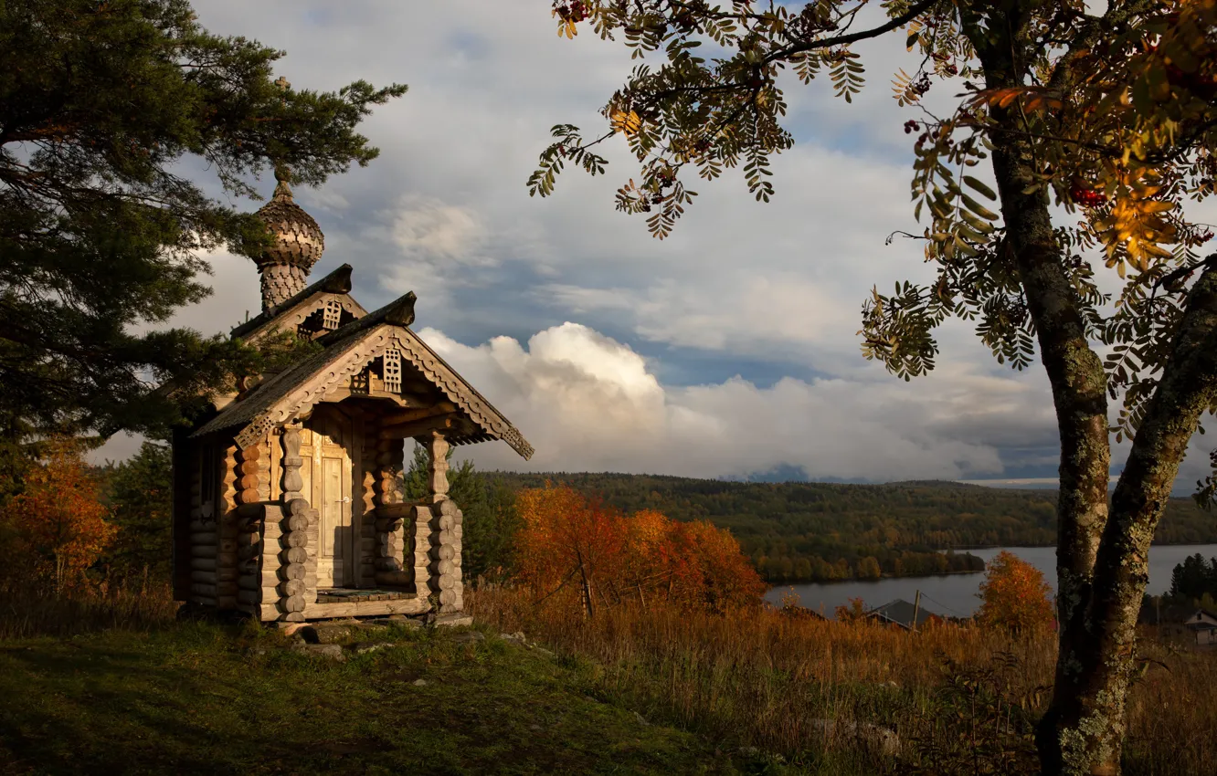 Photo wallpaper autumn, forest, clouds, trees, landscape, nature, lake, chapel