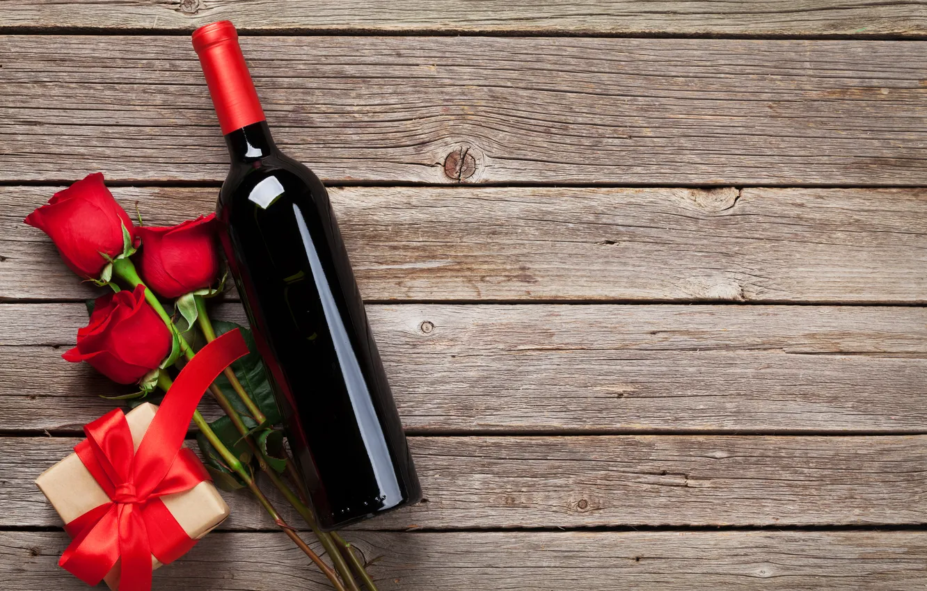 Photo wallpaper love, flowers, gift, wine, romance, bottle, roses, petals