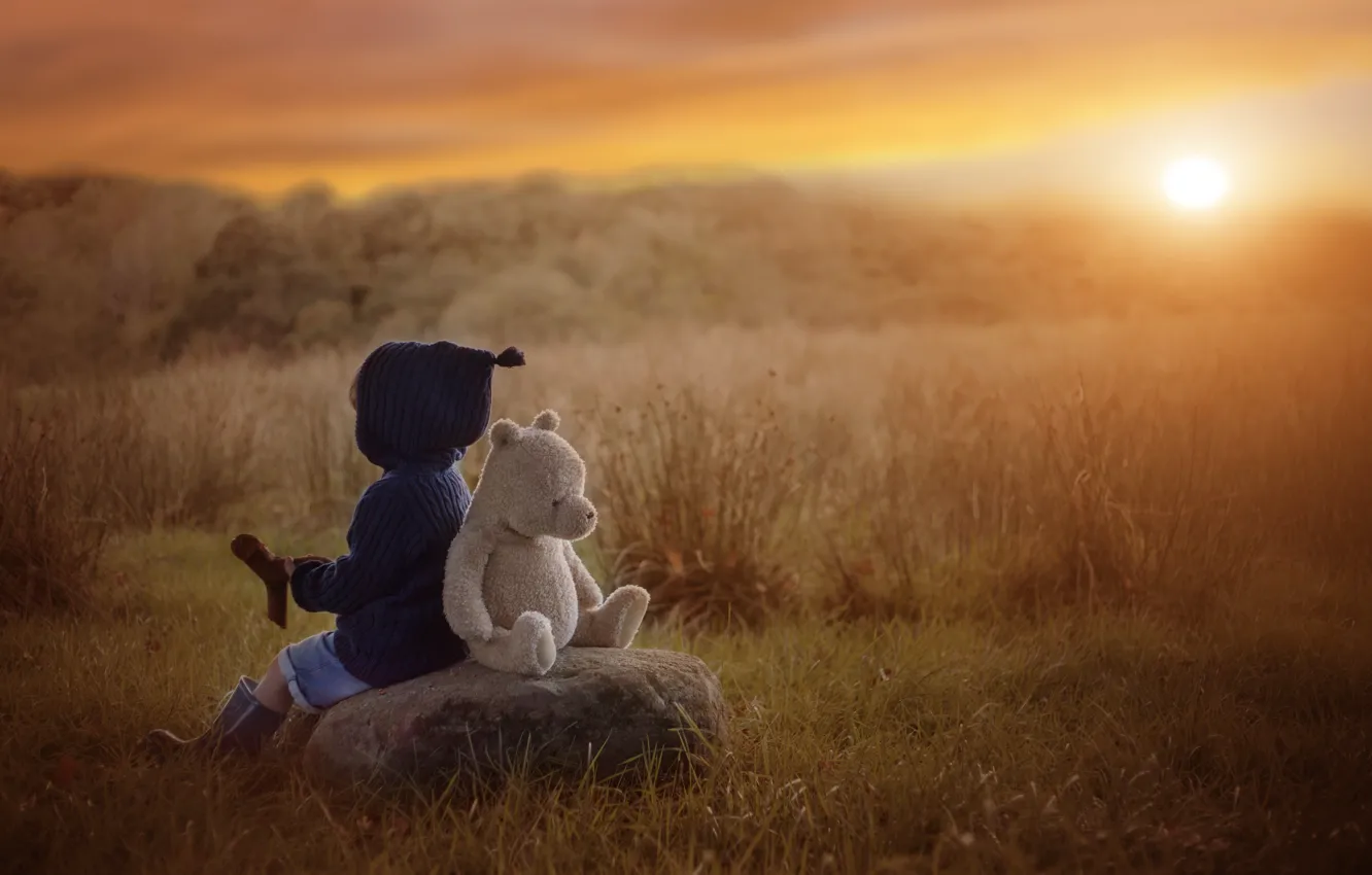 Photo wallpaper autumn, sunset, stone, toy, boy, bear, child, Teddy bear