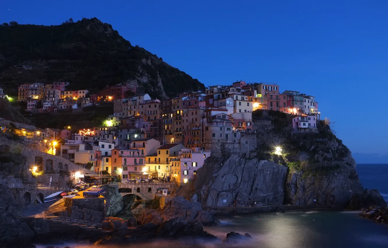 Photo wallpaper sea, rock, coast, mountain, home, the evening, lighting, Italy