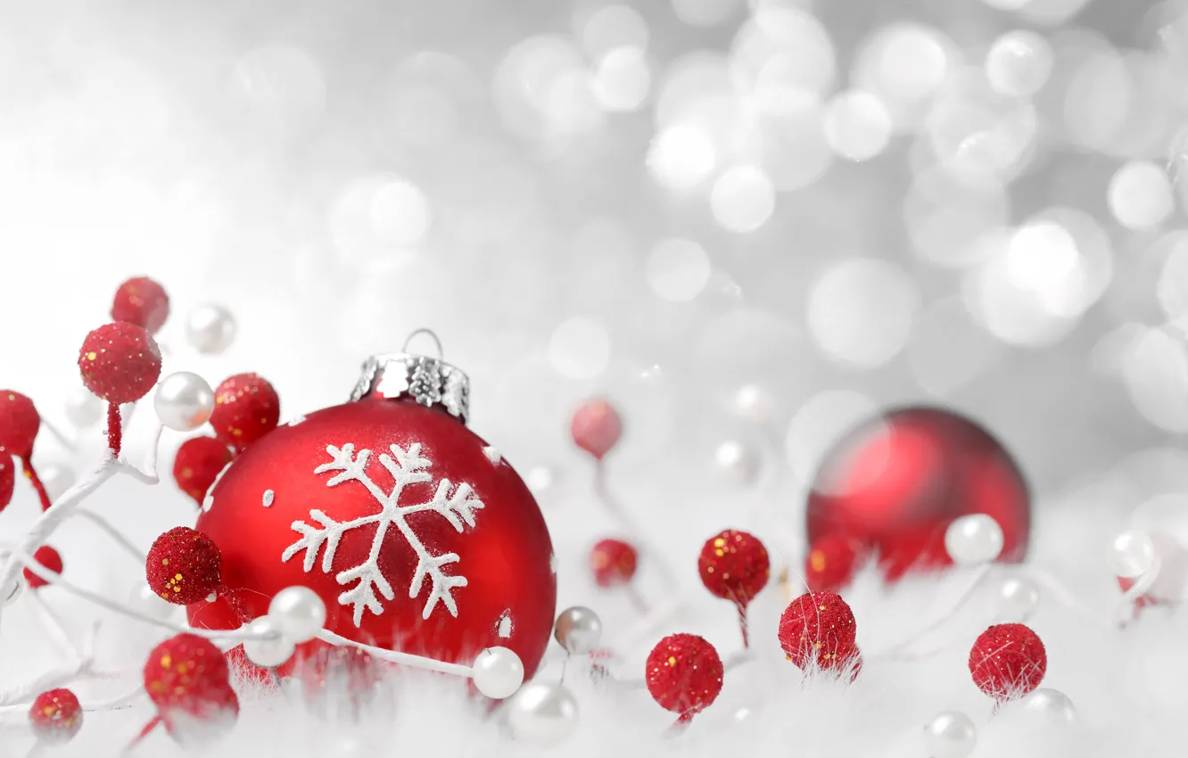 Photo wallpaper winter, red, toys, ball, the scenery, Christmas, snowflake, holidays